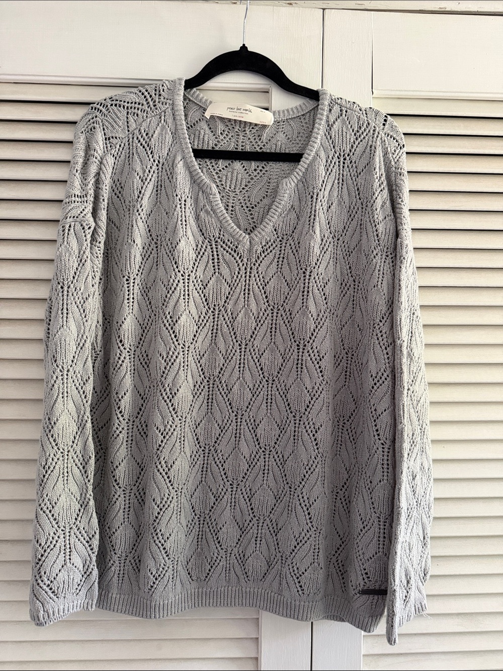 Peace Love World Dusty Gray Open-Knit V-Neck Sweater XL QVC